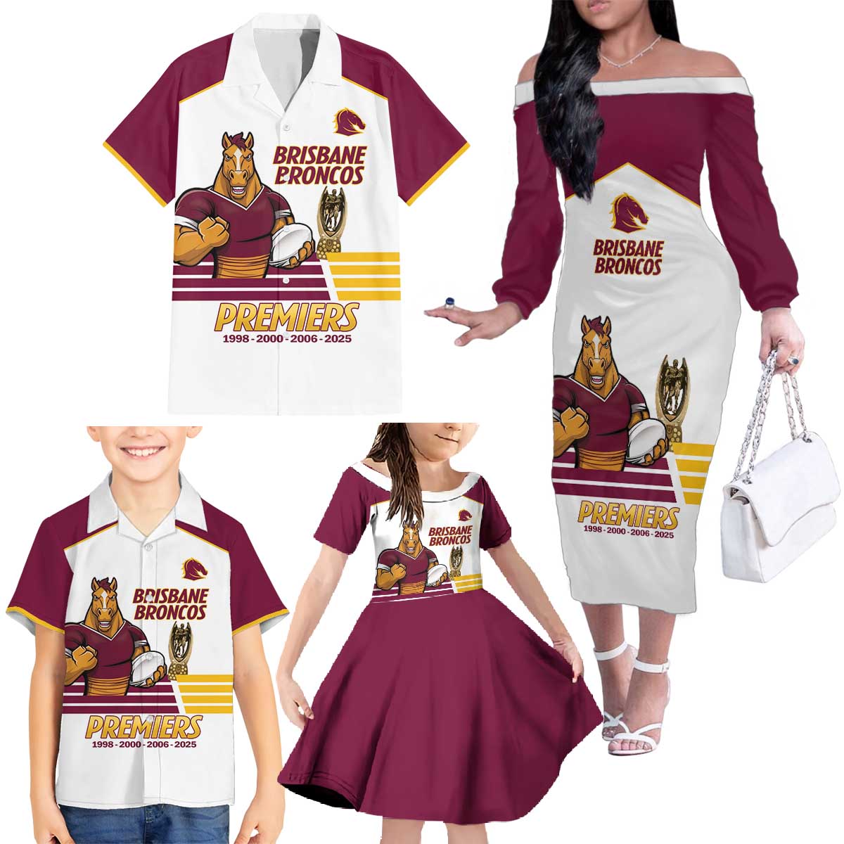 Brisbane Broncos Rugby Personalised Family Matching Off The Shoulder Long Sleeve Dress and Hawaiian Shirt NRL 4th Premiers Proud - Vibe Hoodie