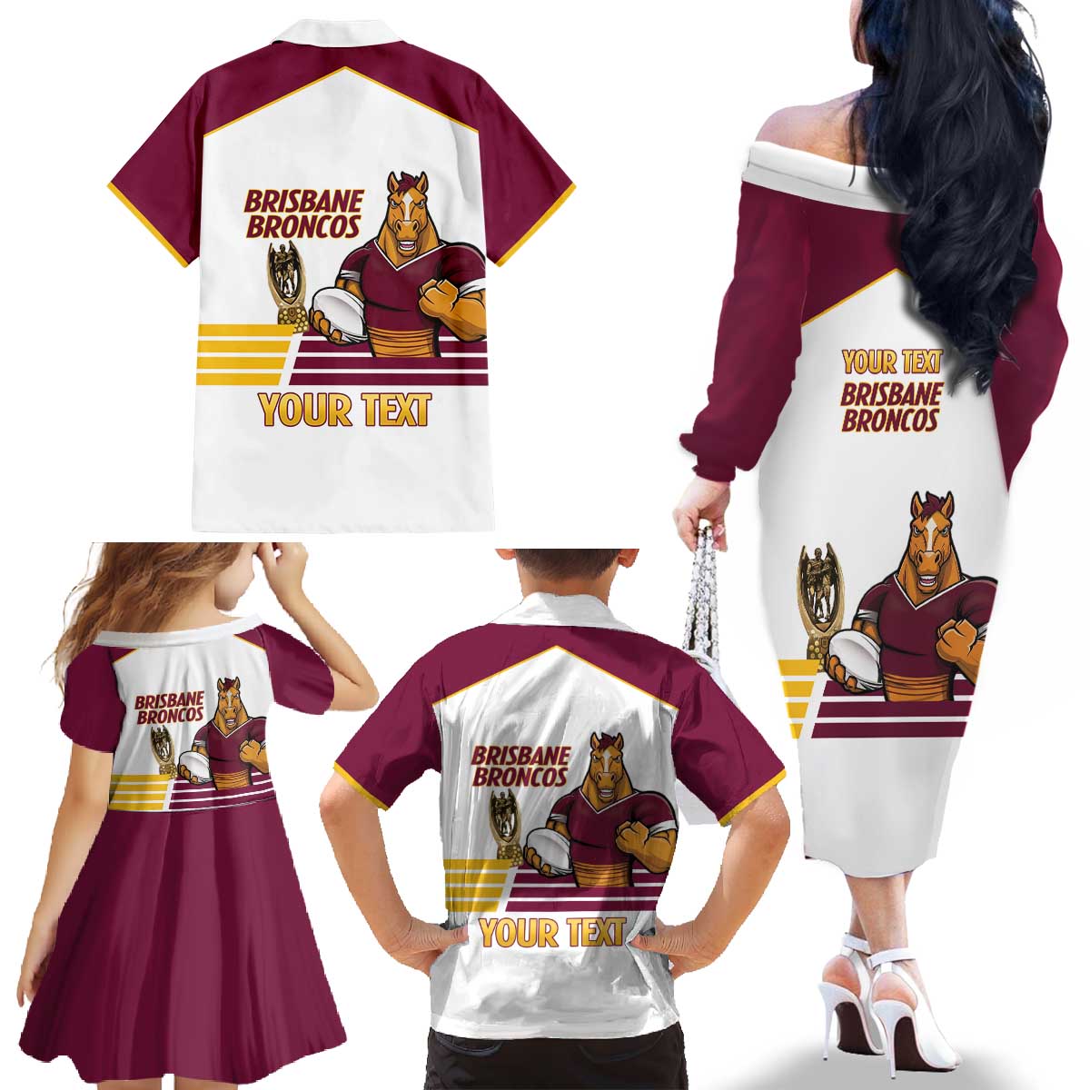 Brisbane Broncos Rugby Personalised Family Matching Off The Shoulder Long Sleeve Dress and Hawaiian Shirt NRL 4th Premiers Proud - Vibe Hoodie
