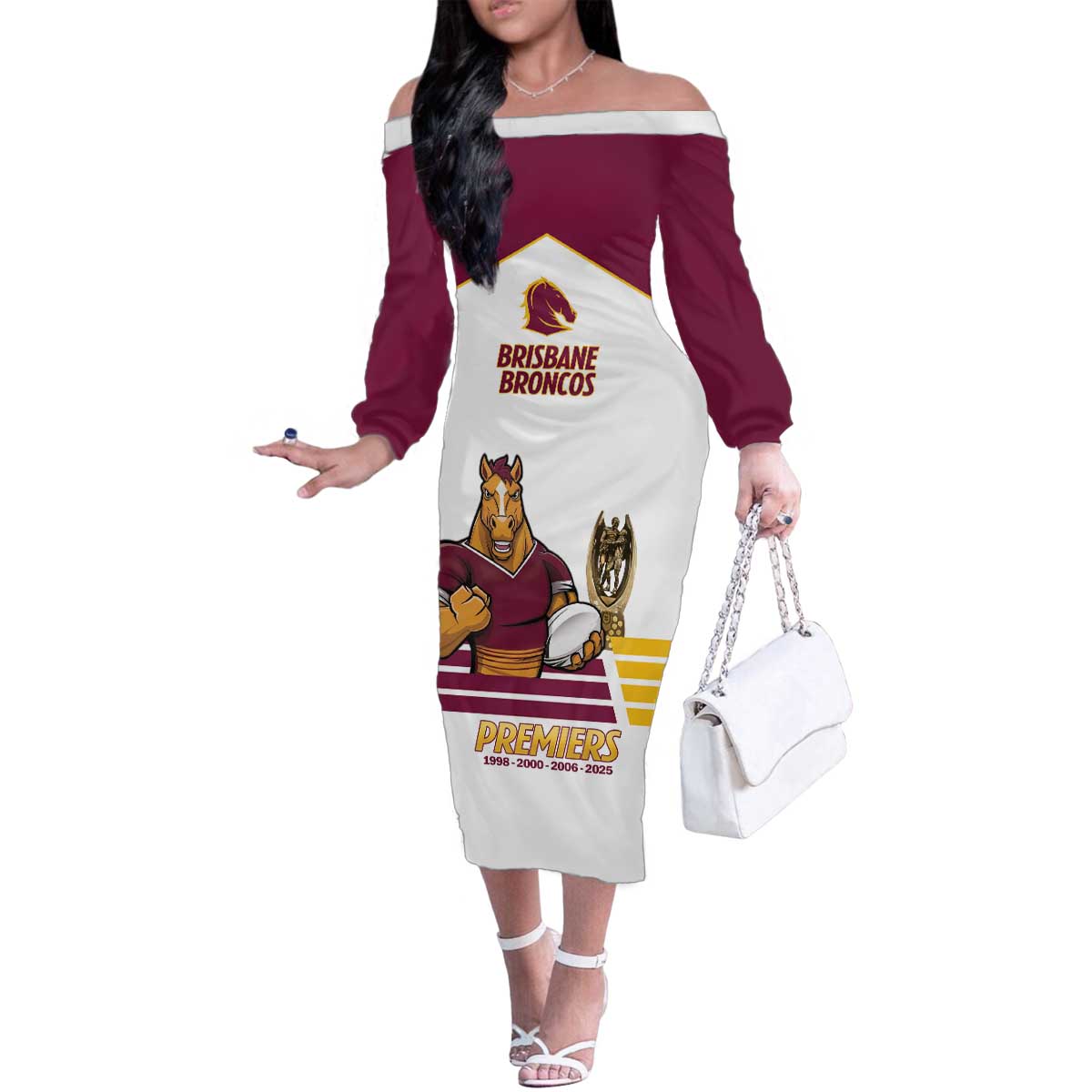 Brisbane Broncos Rugby Personalised Family Matching Off The Shoulder Long Sleeve Dress and Hawaiian Shirt NRL 4th Premiers Proud - Vibe Hoodie