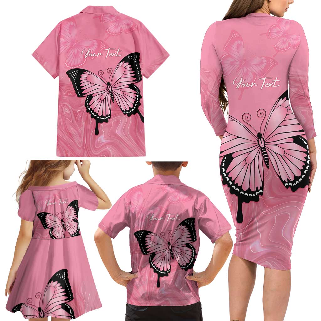 Personalised Australia Breast Cancer Awareness Family Matching Long Sleeve Bodycon Dress and Hawaiian Shirt Pink Ribbon Butterfly Opal Pattern - Vibe Hoodie