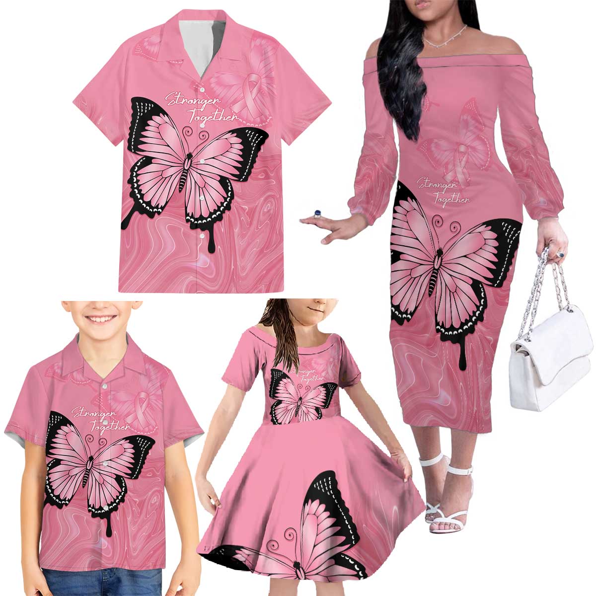 Personalised Australia Breast Cancer Awareness Family Matching Off The Shoulder Long Sleeve Dress and Hawaiian Shirt Pink Ribbon Butterfly Opal Pattern - Vibe Hoodie