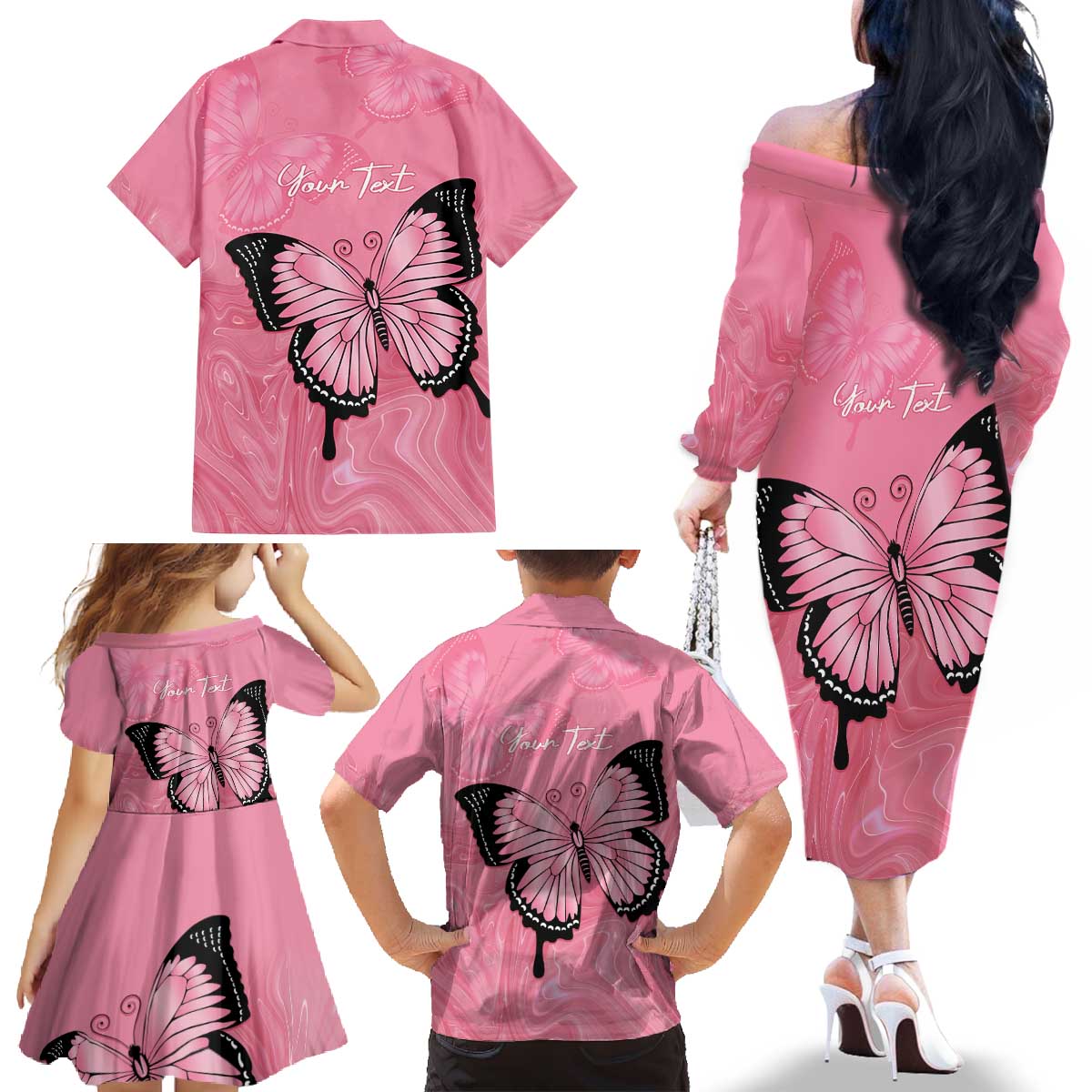 Personalised Australia Breast Cancer Awareness Family Matching Off The Shoulder Long Sleeve Dress and Hawaiian Shirt Pink Ribbon Butterfly Opal Pattern - Vibe Hoodie