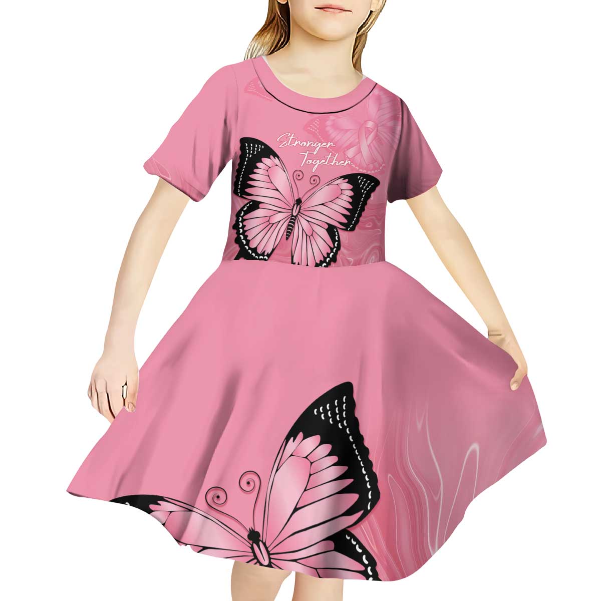 Personalised Australia Breast Cancer Awareness Kid Short Sleeve Dress Pink Ribbon Butterfly Opal Pattern - Vibe Hoodie