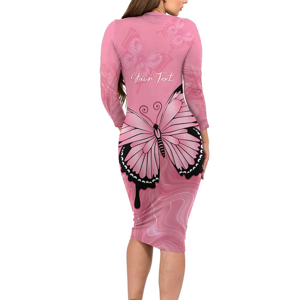 Personalised Australia Breast Cancer Awareness Long Sleeve Bodycon Dress Pink Ribbon Butterfly Opal Pattern - Vibe Hoodie
