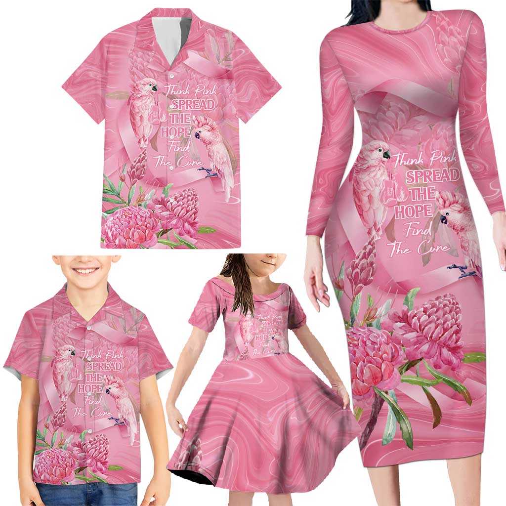 Australia Breast Cancer Awareness Family Matching Long Sleeve Bodycon Dress and Hawaiian Shirt Think Pink Cockatoos Ribbon - Vibe Hoodie