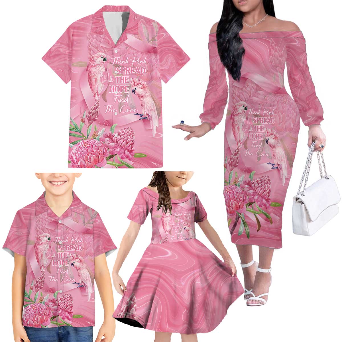 Australia Breast Cancer Awareness Family Matching Off The Shoulder Long Sleeve Dress and Hawaiian Shirt Think Pink Cockatoos Ribbon - Vibe Hoodie