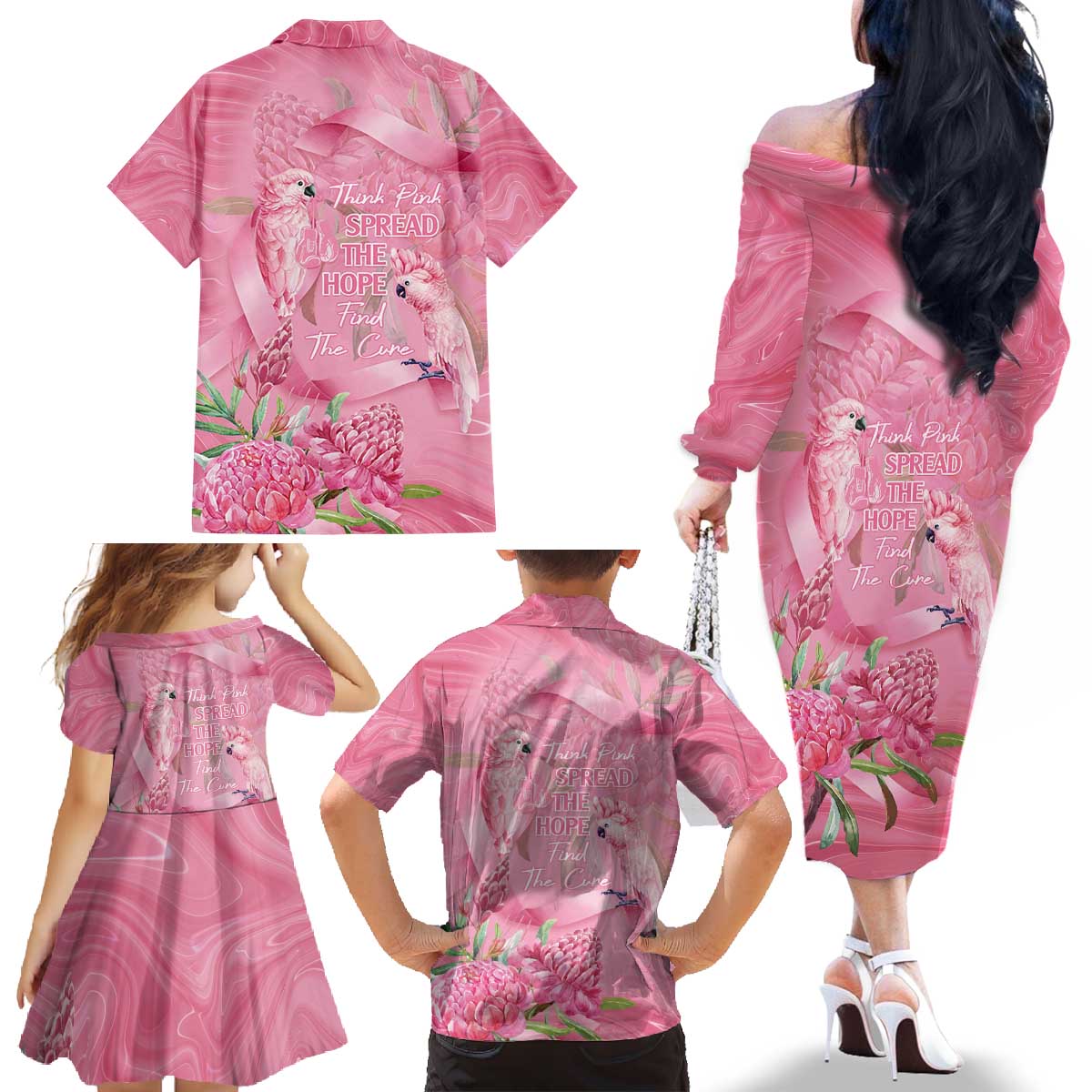 Australia Breast Cancer Awareness Family Matching Off The Shoulder Long Sleeve Dress and Hawaiian Shirt Think Pink Cockatoos Ribbon - Vibe Hoodie