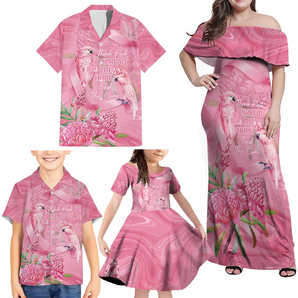 Australia Breast Cancer Awareness Family Matching Off Shoulder Maxi Dress and Hawaiian Shirt Think Pink Cockatoos Ribbon - Vibe Hoodie