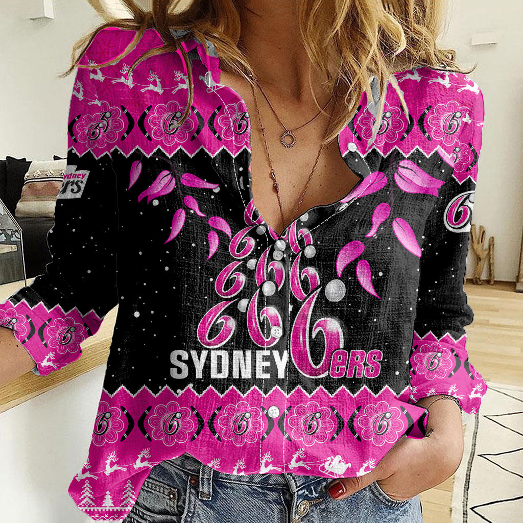 Sydney Sixers Cricket Christmas Women Casual Shirt Merry Xmas 2023 Indigenous Art - Vibe Hoodie Shop