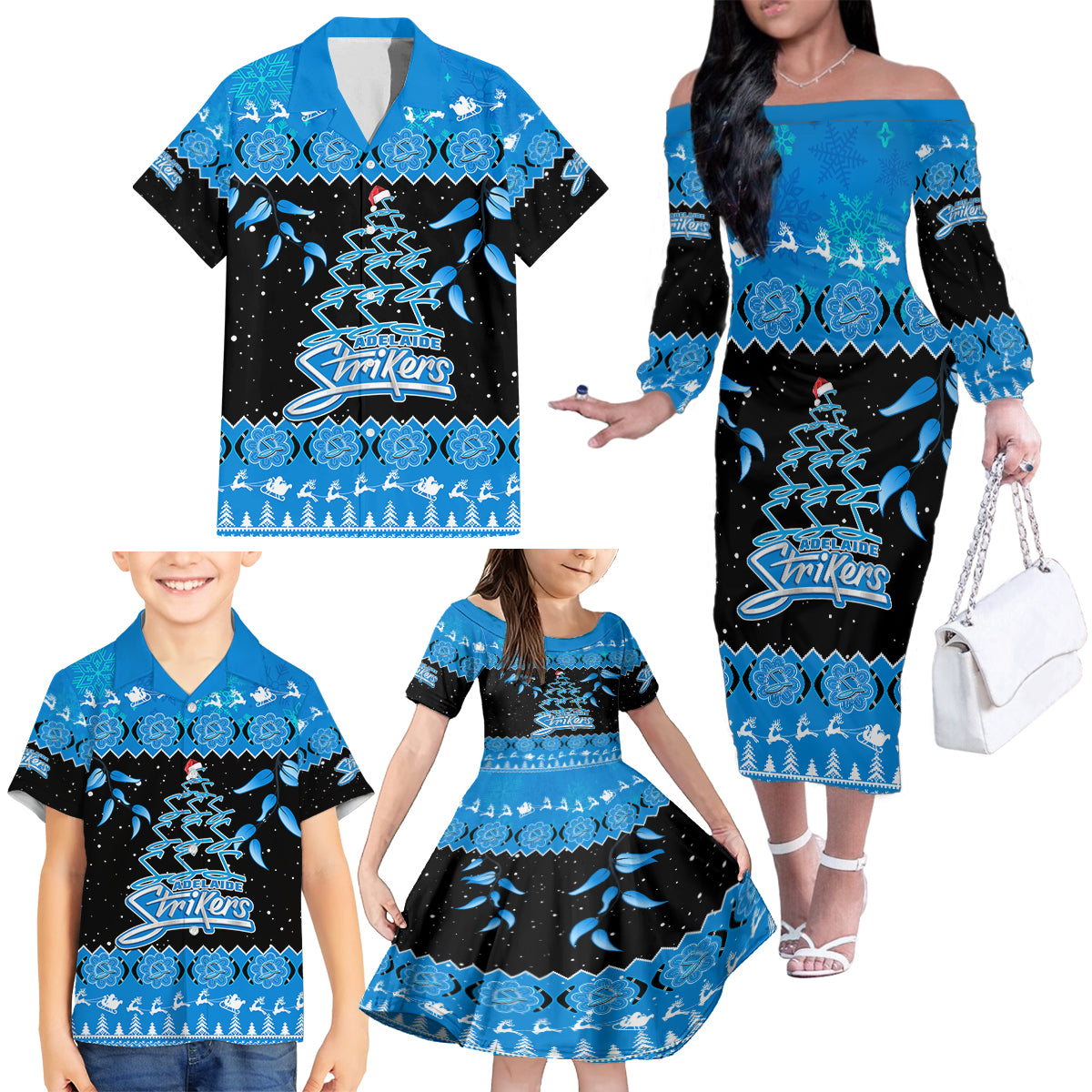 adelaide-strikers-cricket-christmas-family-matching-off-shoulder-long-sleeve-dress-and-hawaiian-shirt-merry-xmas-2023-indigenous-art