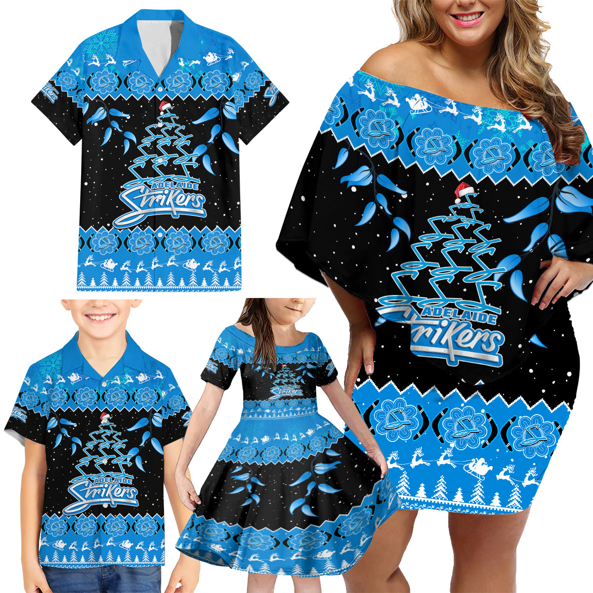 adelaide-strikers-cricket-christmas-family-matching-off-shoulder-short-dress-and-hawaiian-shirt-merry-xmas-2023-indigenous-art