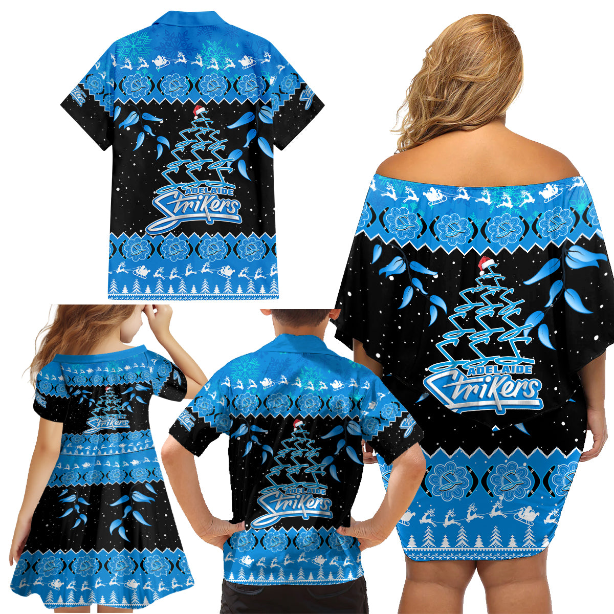 adelaide-strikers-cricket-christmas-family-matching-off-shoulder-short-dress-and-hawaiian-shirt-merry-xmas-2023-indigenous-art