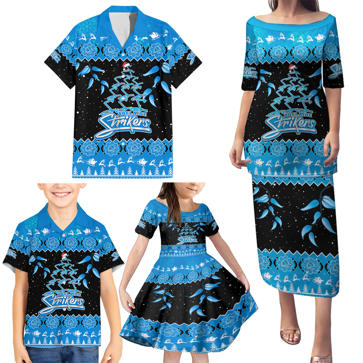 adelaide-strikers-cricket-christmas-family-matching-puletasi-dress-and-hawaiian-shirt-merry-xmas-2023-indigenous-art