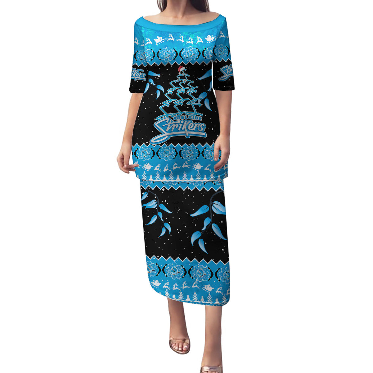 adelaide-strikers-cricket-christmas-family-matching-puletasi-dress-and-hawaiian-shirt-merry-xmas-2023-indigenous-art