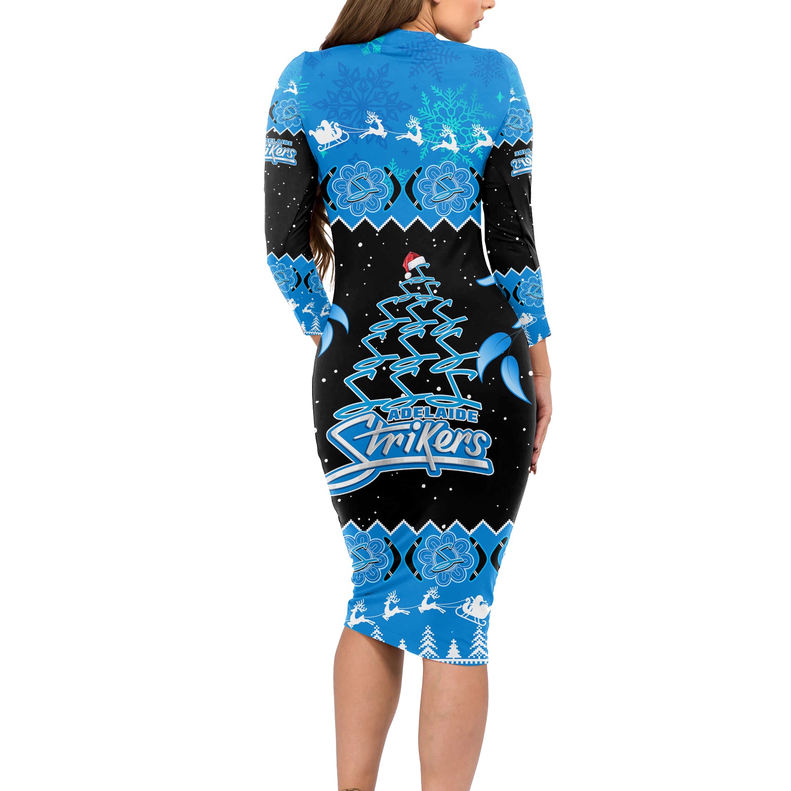 adelaide-strikers-cricket-christmas-long-sleeve-bodycon-dress-merry-xmas-2023-indigenous-art