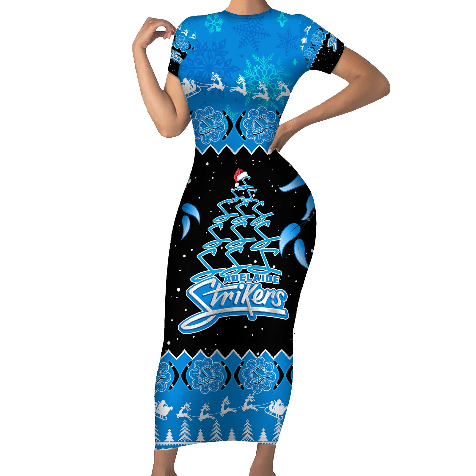 adelaide-strikers-cricket-christmas-short-sleeve-bodycon-dress-merry-xmas-2023-indigenous-art