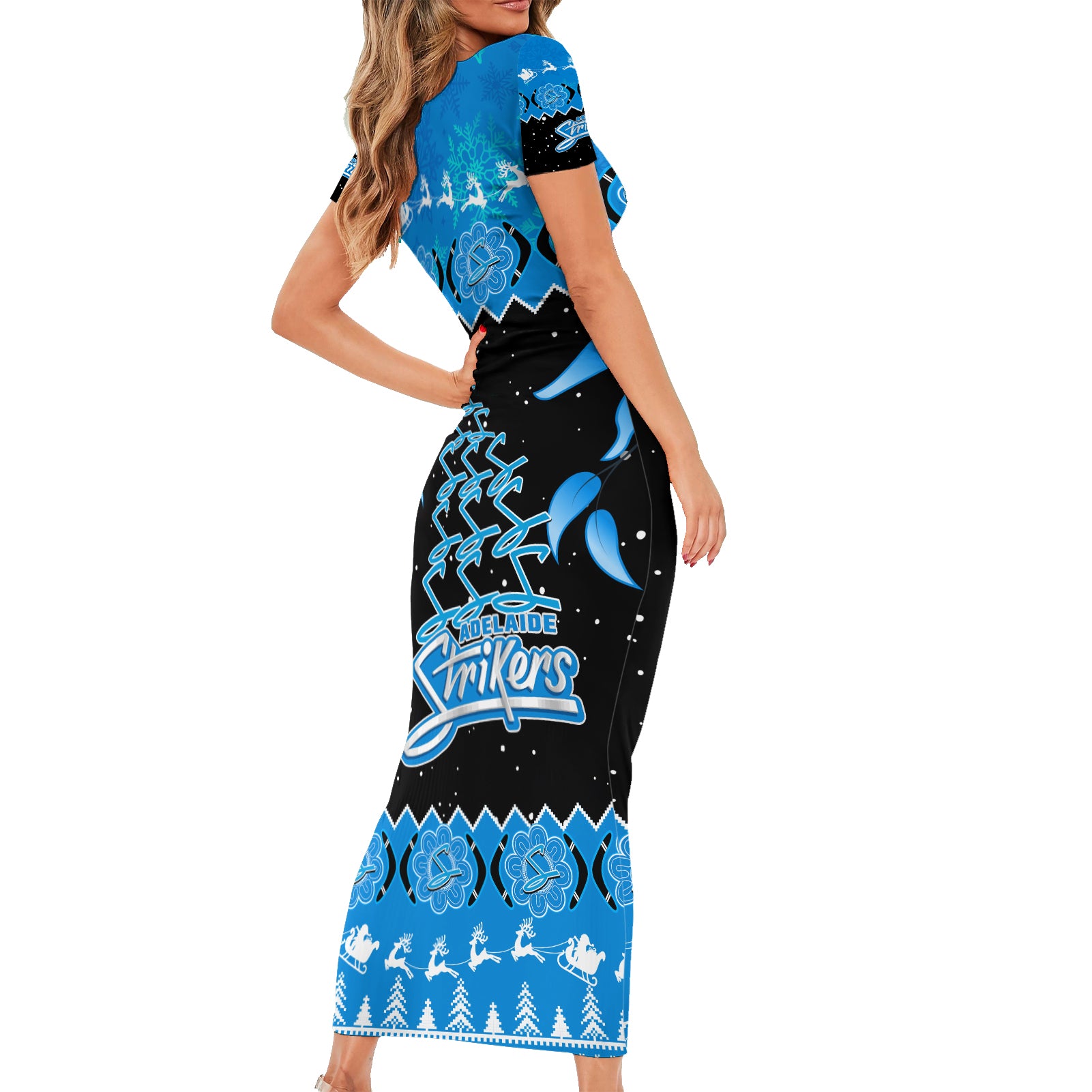 adelaide-strikers-cricket-christmas-short-sleeve-bodycon-dress-merry-xmas-2023-indigenous-art