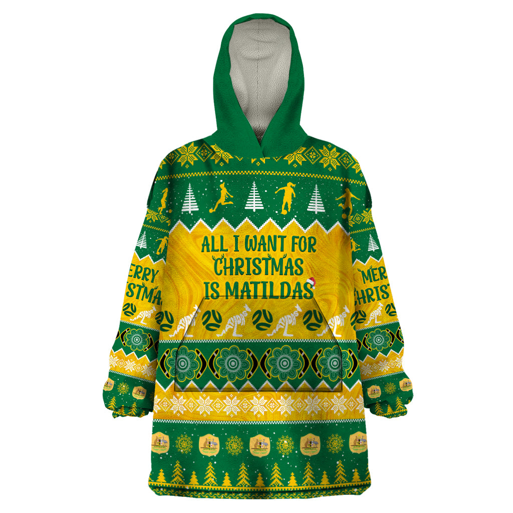 Personalised Australia Soccer Christmas Wearable Blanket Hoodie All I Want For Xmas Is Matildas - Vibe Hoodie Shop