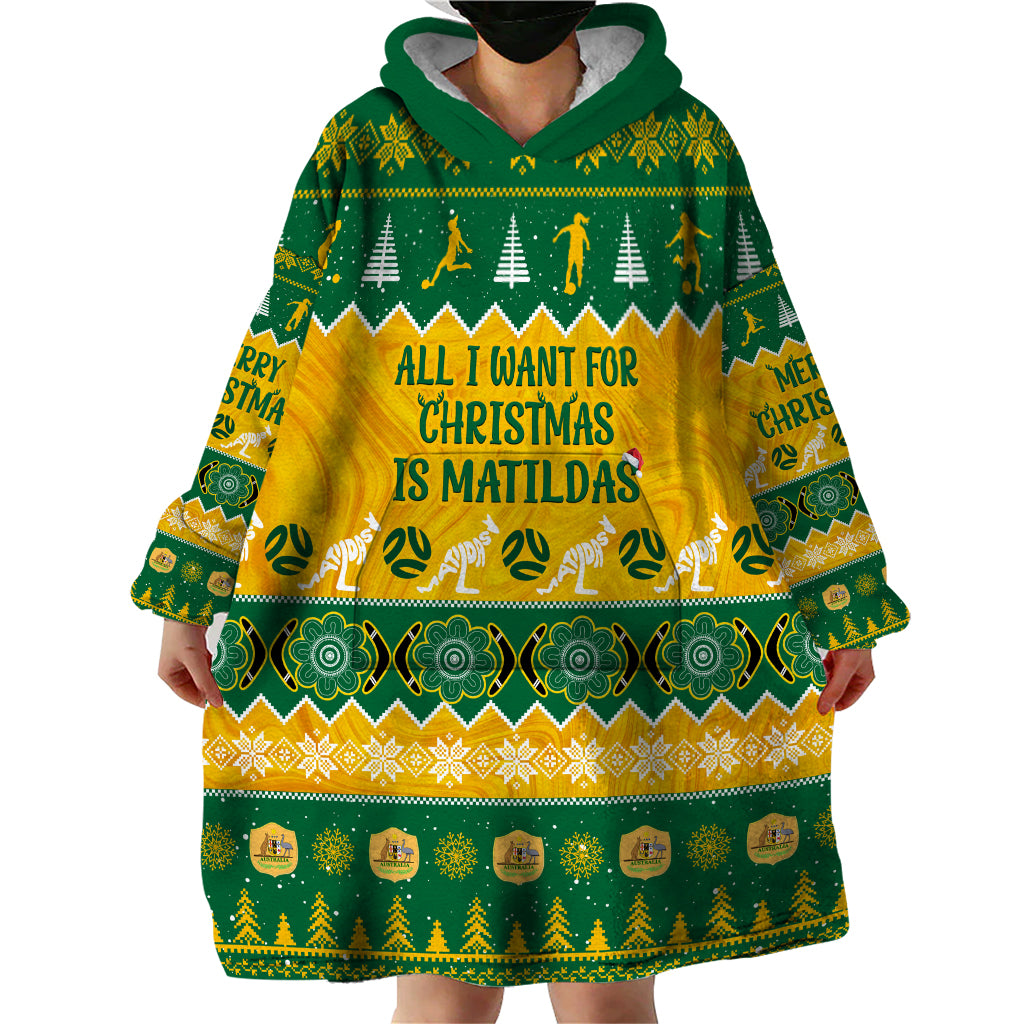 Personalised Australia Soccer Christmas Wearable Blanket Hoodie All I Want For Xmas Is Matildas - Vibe Hoodie Shop