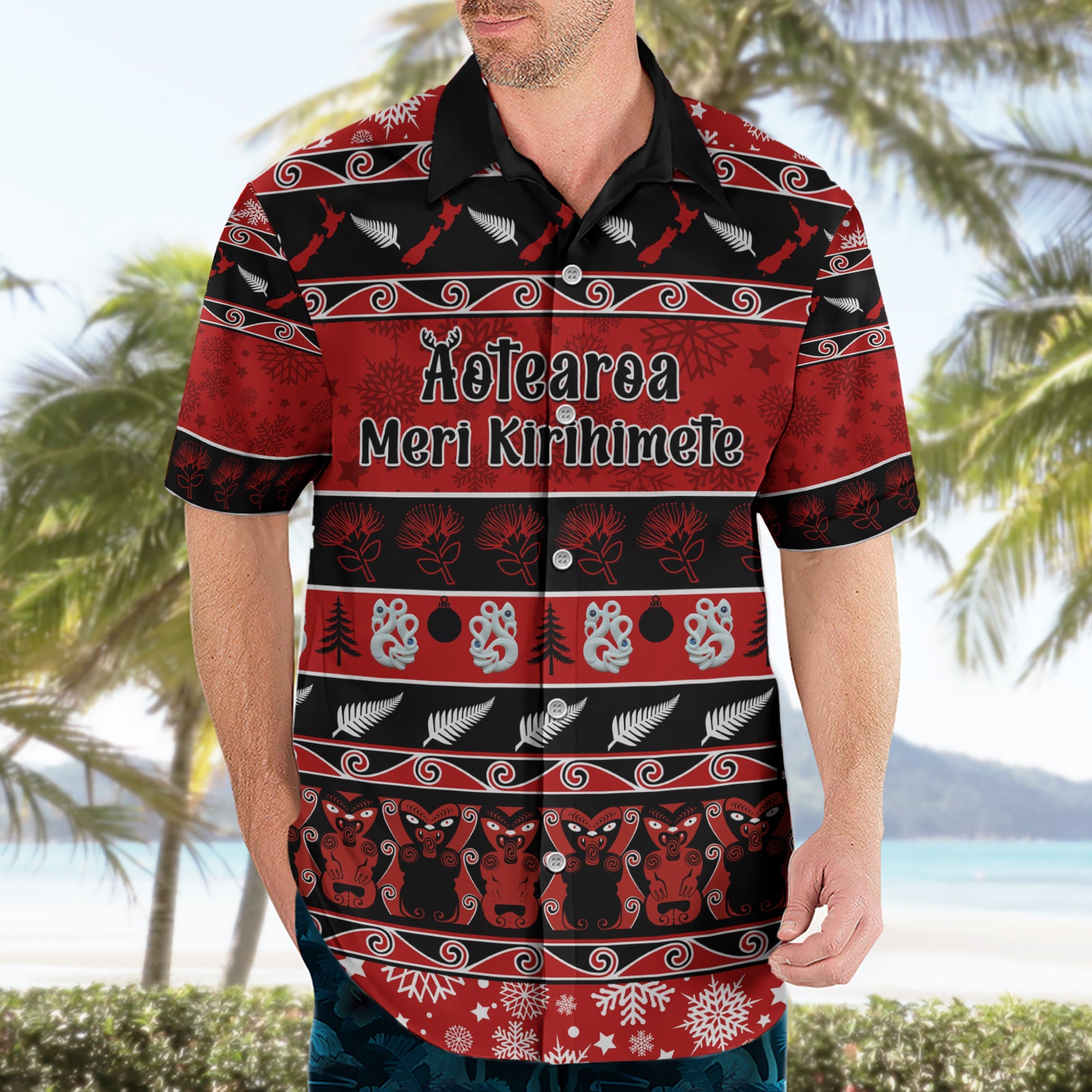 Personalised New Zealand Christmas Hawaiian Shirt Aotearoa Kiwi Meri Kirihimete Red Version - Vibe Hoodie Shop