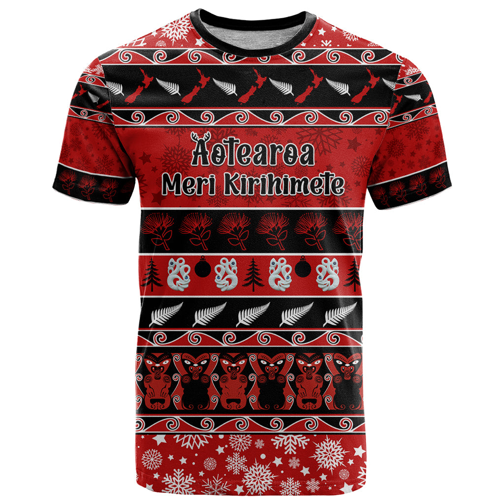 Personalised New Zealand Christmas T Shirt Aotearoa Kiwi Meri Kirihimete Red Version - Vibe Hoodie Shop