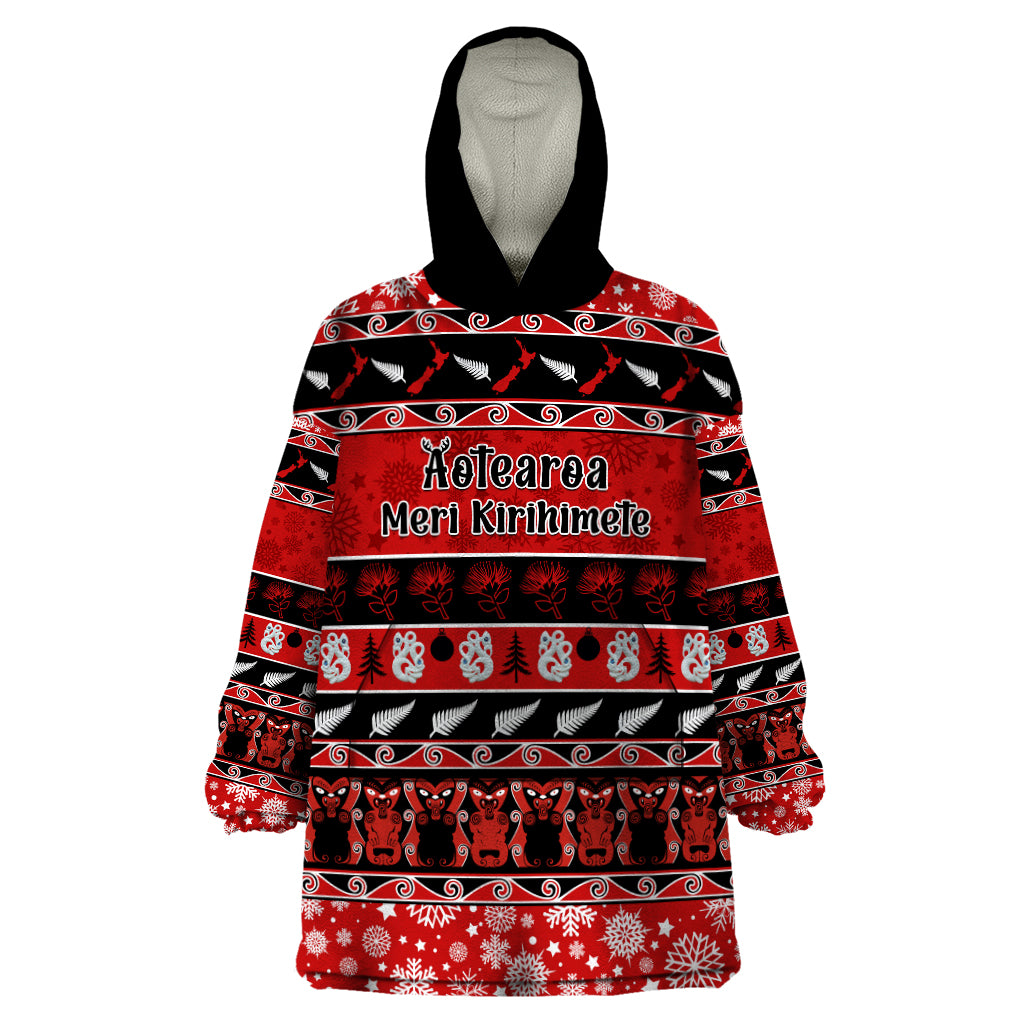 Personalised New Zealand Christmas Wearable Blanket Hoodie Aotearoa Kiwi Meri Kirihimete Red Version - Vibe Hoodie Shop