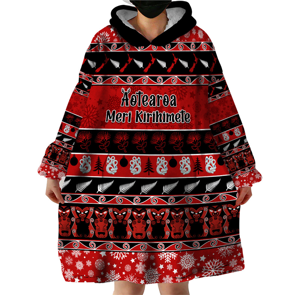 Personalised New Zealand Christmas Wearable Blanket Hoodie Aotearoa Kiwi Meri Kirihimete Red Version - Vibe Hoodie Shop