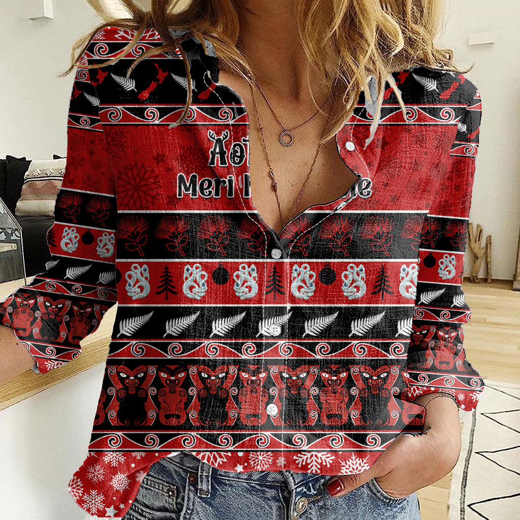 Personalised New Zealand Christmas Women Casual Shirt Aotearoa Kiwi Meri Kirihimete Red Version - Vibe Hoodie Shop