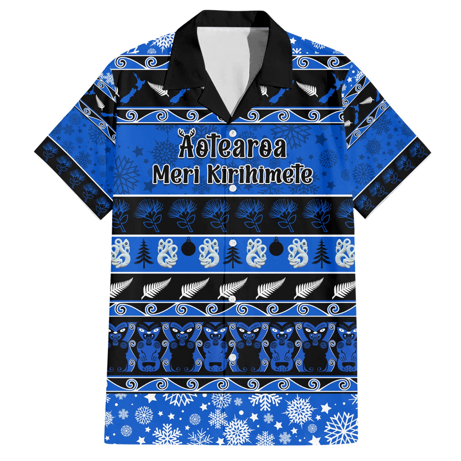 Personalised New Zealand Christmas Hawaiian Shirt Aotearoa Kiwi Meri Kirihimete Blue Version - Vibe Hoodie Shop