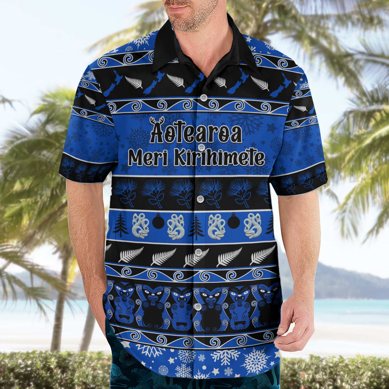 Personalised New Zealand Christmas Hawaiian Shirt Aotearoa Kiwi Meri Kirihimete Blue Version - Vibe Hoodie Shop