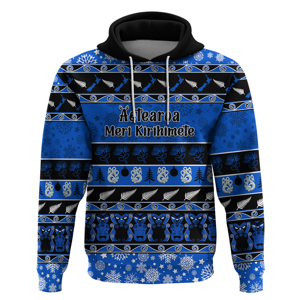 Personalised New Zealand Christmas Hoodie Aotearoa Kiwi Meri Kirihimete Blue Version - Vibe Hoodie Shop