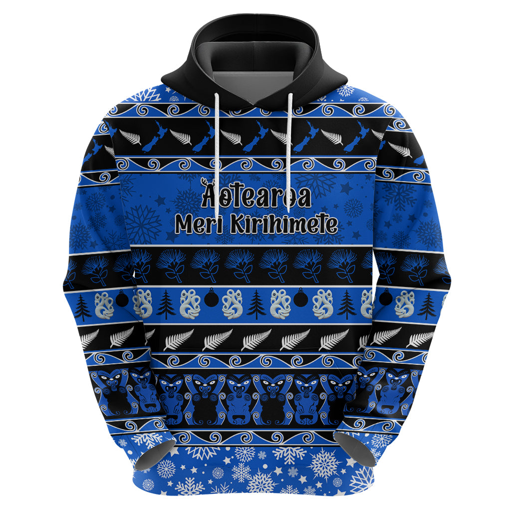Personalised New Zealand Christmas Hoodie Aotearoa Kiwi Meri Kirihimete Blue Version - Vibe Hoodie Shop