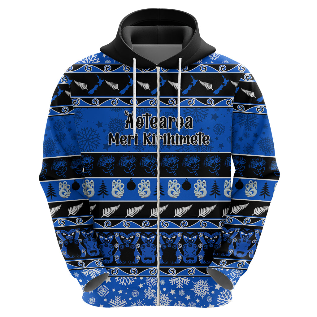 Personalised New Zealand Christmas Hoodie Aotearoa Kiwi Meri Kirihimete Blue Version - Vibe Hoodie Shop