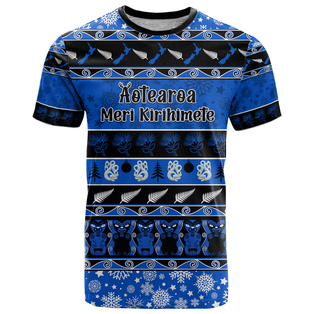 Personalised New Zealand Christmas T Shirt Aotearoa Kiwi Meri Kirihimete Blue Version - Vibe Hoodie Shop