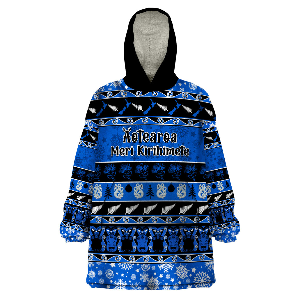 Personalised New Zealand Christmas Wearable Blanket Hoodie Aotearoa Kiwi Meri Kirihimete Blue Version - Vibe Hoodie Shop