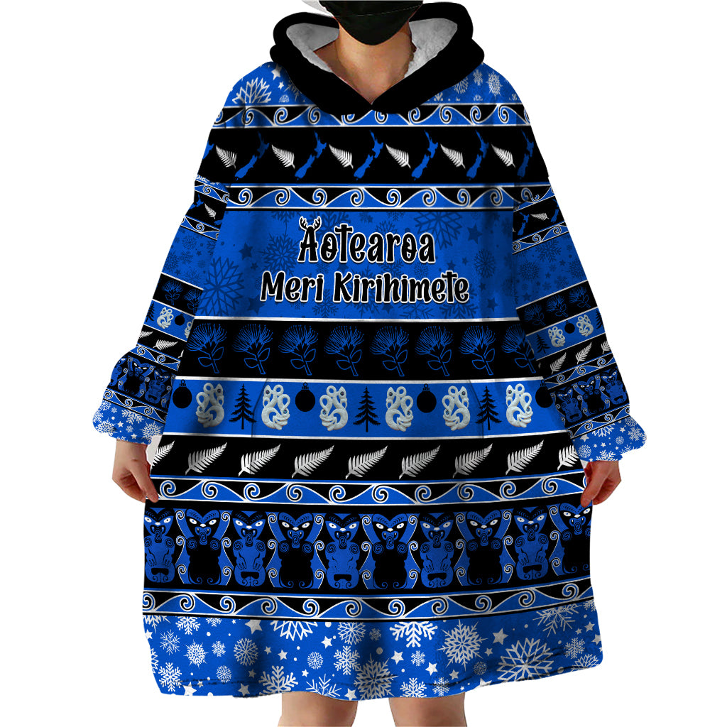 Personalised New Zealand Christmas Wearable Blanket Hoodie Aotearoa Kiwi Meri Kirihimete Blue Version - Vibe Hoodie Shop