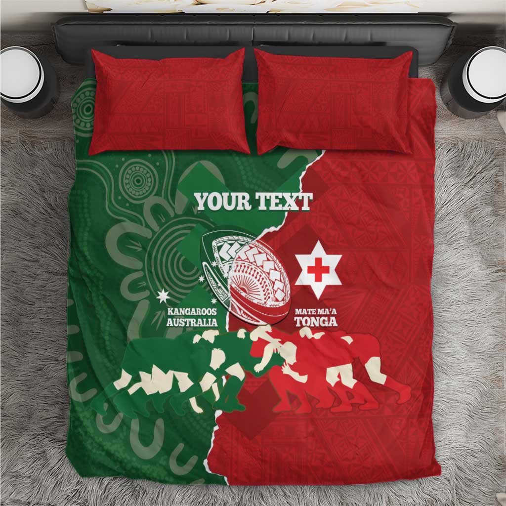 Custom Tonga And Australia Rugby Bedding Set Mate Maa Tongan Ngatu Mix Kangaroos Aboriginal - Vibe Hoodie Shop