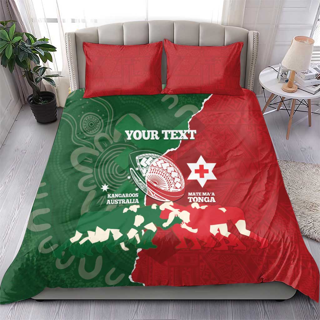 Custom Tonga And Australia Rugby Bedding Set Mate Maa Tongan Ngatu Mix Kangaroos Aboriginal - Vibe Hoodie Shop