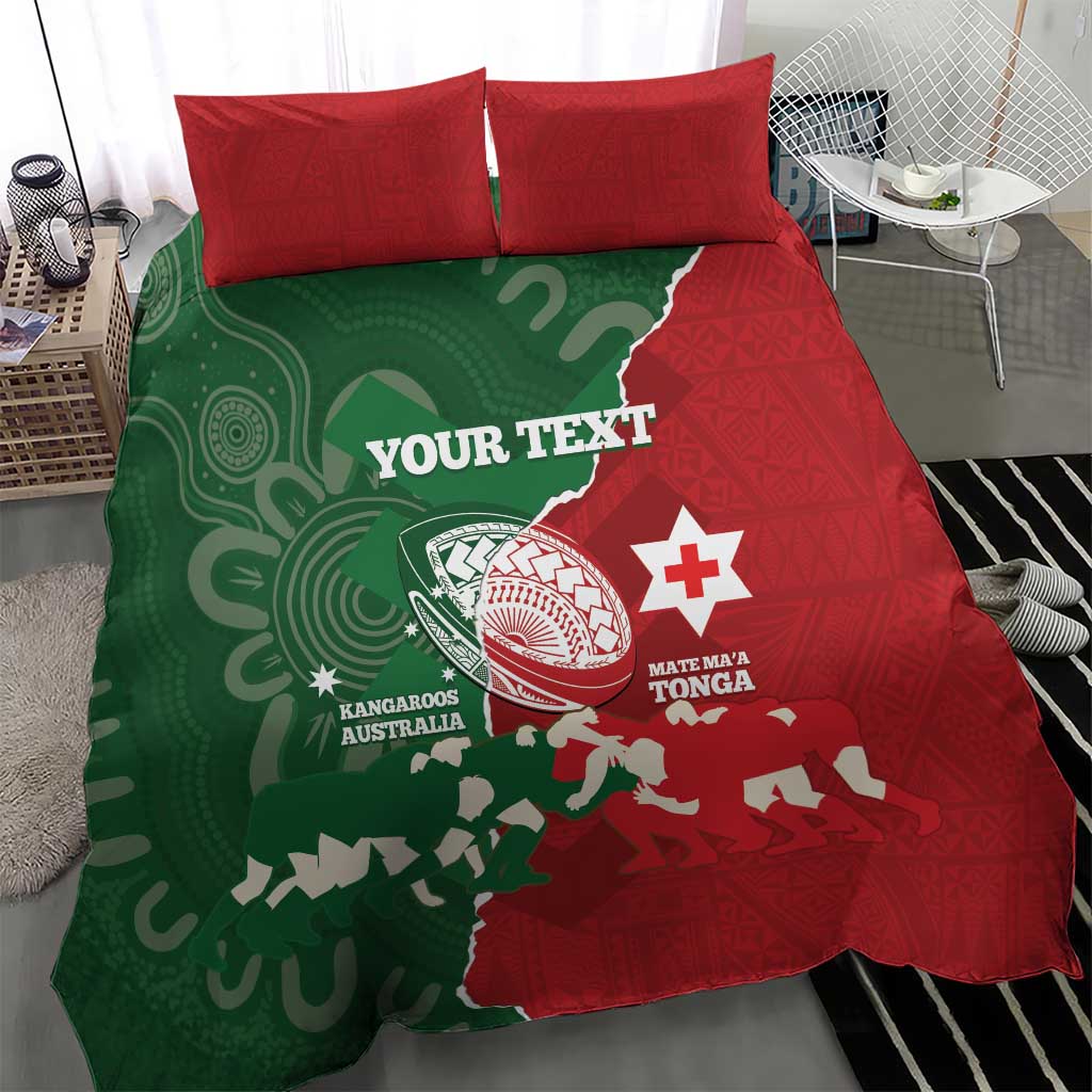 Custom Tonga And Australia Rugby Bedding Set Mate Maa Tongan Ngatu Mix Kangaroos Aboriginal - Vibe Hoodie Shop