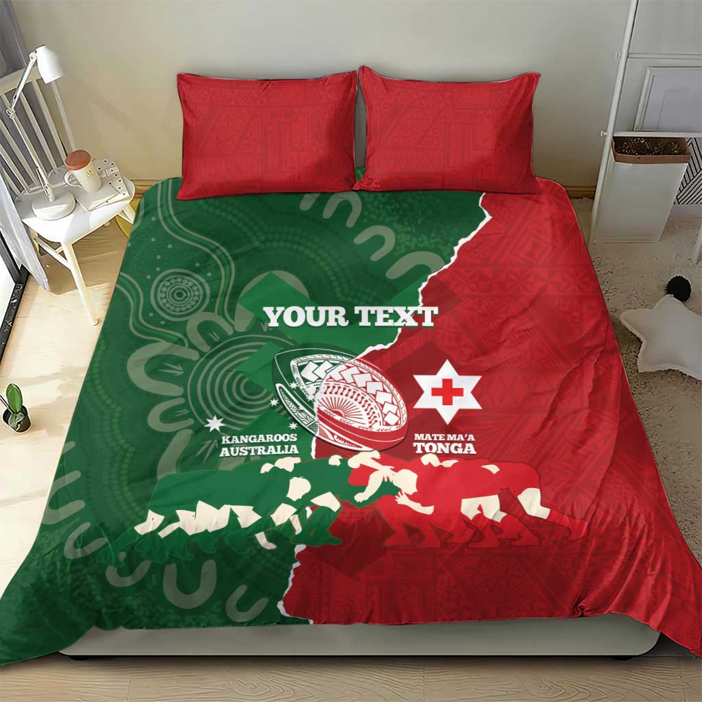 Custom Tonga And Australia Rugby Bedding Set Mate Maa Tongan Ngatu Mix Kangaroos Aboriginal - Vibe Hoodie Shop