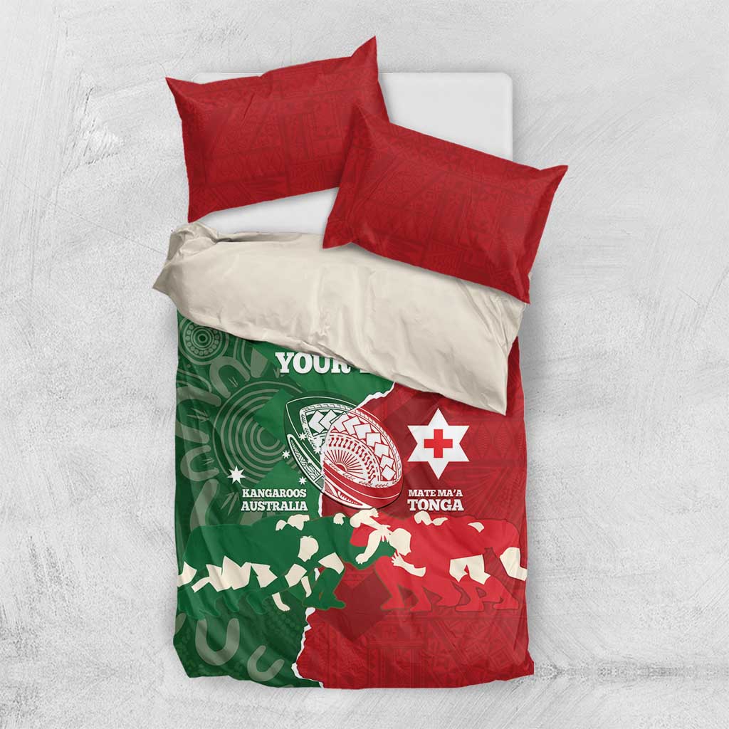 Custom Tonga And Australia Rugby Bedding Set Mate Maa Tongan Ngatu Mix Kangaroos Aboriginal - Vibe Hoodie Shop