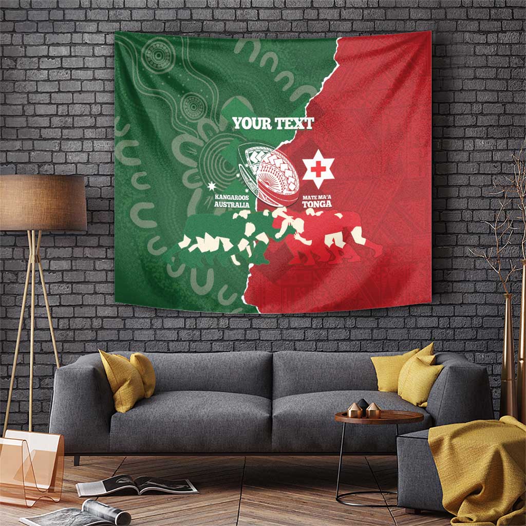 Custom Tonga And Australia Rugby Tapestry Mate Maa Tongan Ngatu Mix Kangaroos Aboriginal - Vibe Hoodie Shop