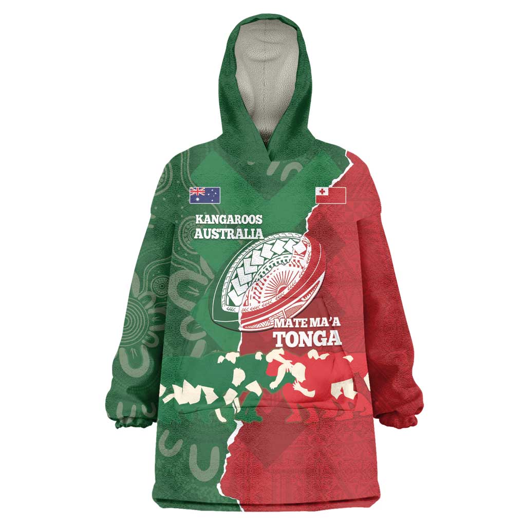 Custom Tonga And Australia Rugby Wearable Blanket Hoodie Mate Maa Tongan Ngatu Mix Kangaroos Aboriginal - Vibe Hoodie Shop