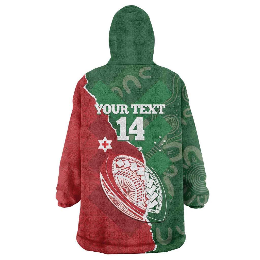 Custom Tonga And Australia Rugby Wearable Blanket Hoodie Mate Maa Tongan Ngatu Mix Kangaroos Aboriginal - Vibe Hoodie Shop