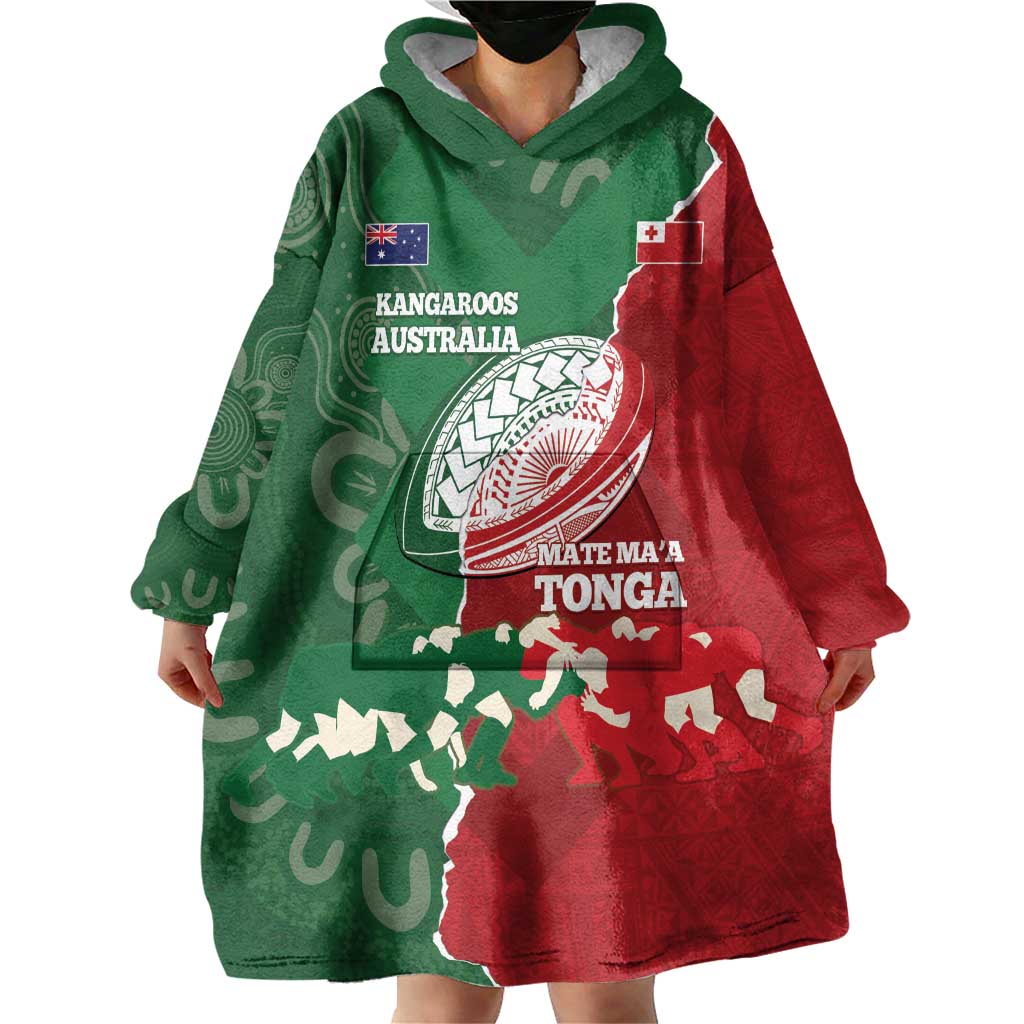 Custom Tonga And Australia Rugby Wearable Blanket Hoodie Mate Maa Tongan Ngatu Mix Kangaroos Aboriginal - Vibe Hoodie Shop