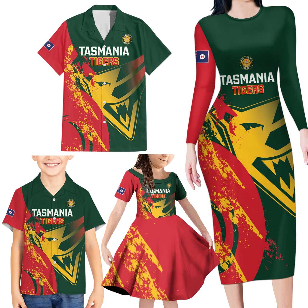 Custom Australia Tasmania Cricket Family Matching Long Sleeve Bodycon Dress and Hawaiian Shirt Go Tasmanian Tigers - Grunge Style