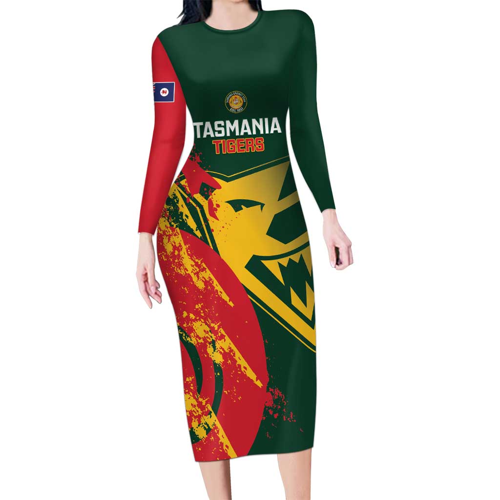 Custom Australia Tasmania Cricket Family Matching Long Sleeve Bodycon Dress and Hawaiian Shirt Go Tasmanian Tigers - Grunge Style