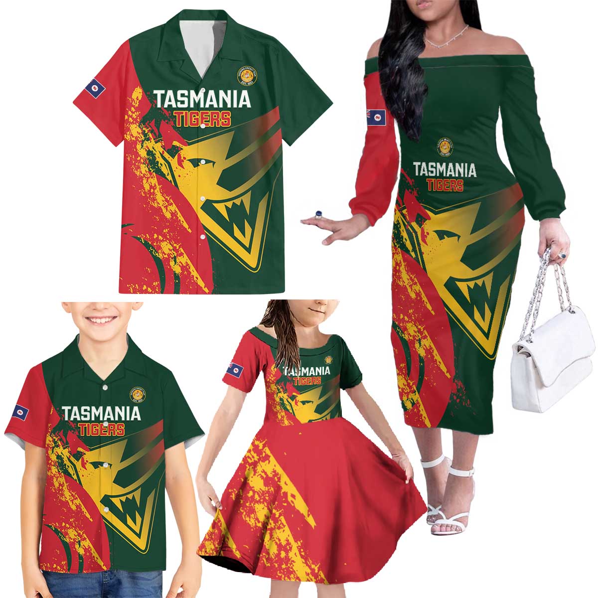 Custom Australia Tasmania Cricket Family Matching Off The Shoulder Long Sleeve Dress and Hawaiian Shirt Go Tasmanian Tigers - Grunge Style