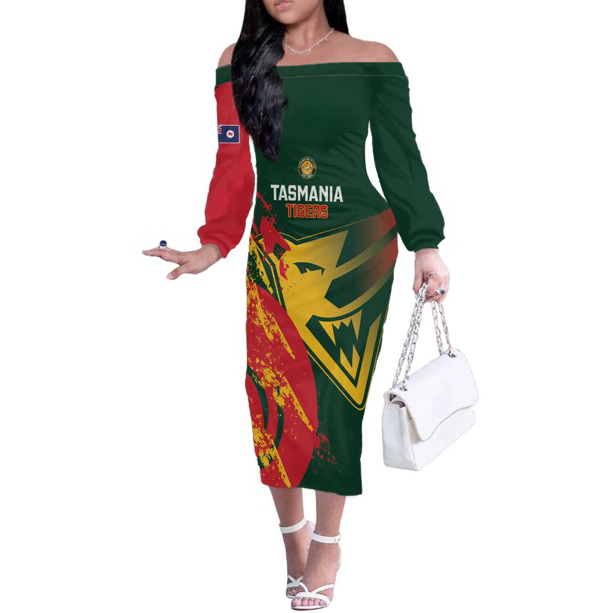 Custom Australia Tasmania Cricket Family Matching Off The Shoulder Long Sleeve Dress and Hawaiian Shirt Go Tasmanian Tigers - Grunge Style