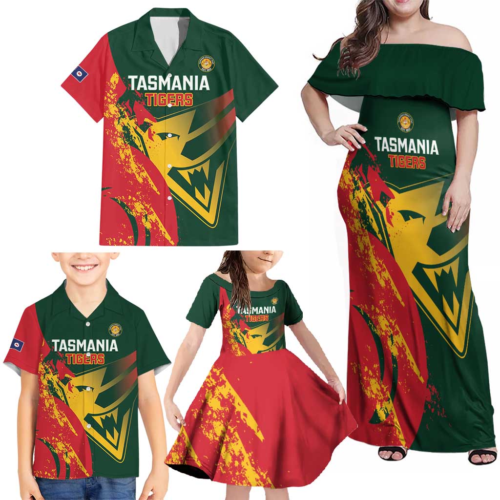 Custom Australia Tasmania Cricket Family Matching Off Shoulder Maxi Dress and Hawaiian Shirt Go Tasmanian Tigers - Grunge Style